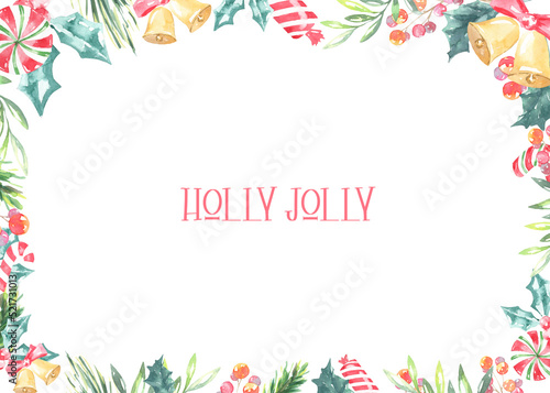 Watercolor Holly Jolly greenery floral frame with fir branches holly berry and place for text.New year background  border greenery  presents holiday decoration greeting card  invite print poster  