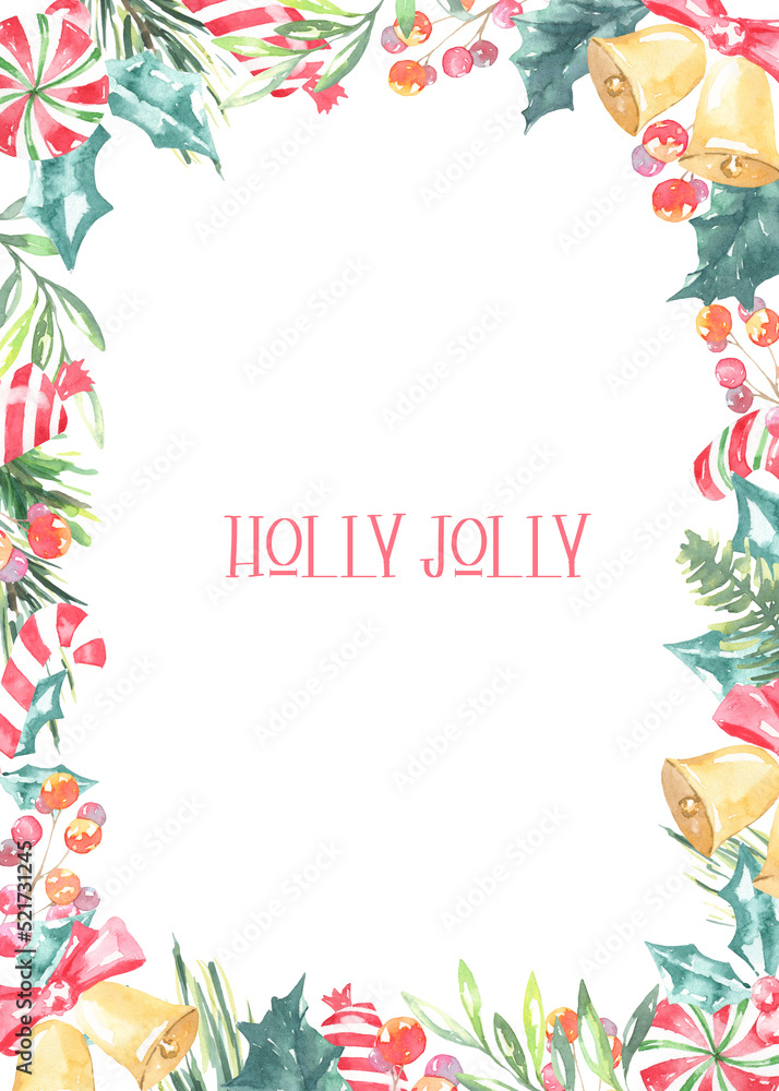 Fototapeta premium Watercolor Holly Jolly greenery floral frame with fir branches,holly berry and place for text.New year background, border,greenery, presents,holiday decoration,greeting card, invite,print,poster 