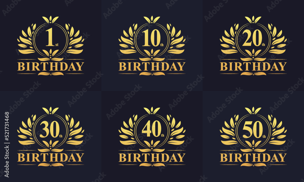 Vintage Retro Birthday logo set. Luxurious golden birthday logo bundle. 1st, 10th, 20th, 30th, 40th, 50th birthday logo bundle.