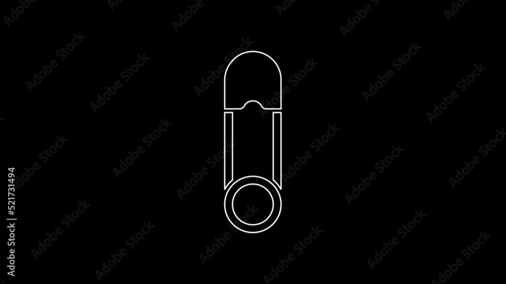 White line Classic closed steel safety pin icon isolated on black background. 4K Video motion graphic animation White line Classic closed steel safety pin icon isolated on black background. 4K Video motion graphic animation