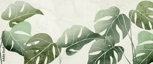 Abstract tropical art background with monstera leaves in a watercolor style. Vector botanical banner for wallpaper, decor, print, interior design.