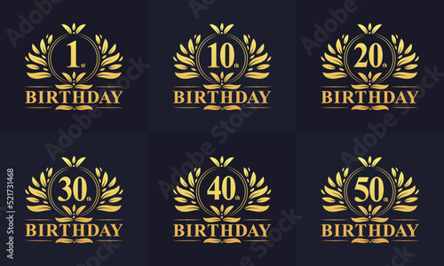 Vintage Retro Birthday logo set. Luxurious golden birthday logo bundle. 1st, 10th, 20th, 30th, 40th, 50th birthday logo bundle.