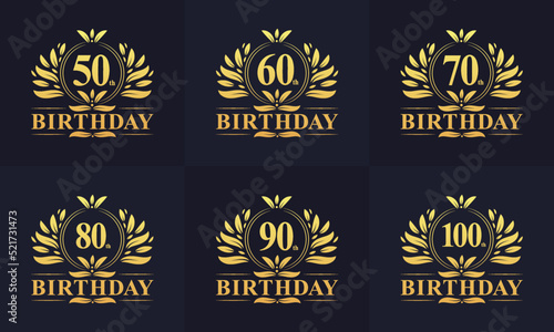 Vintage Retro Birthday logo set. Luxurious golden birthday logo bundle. 50th, 60th, 70th, 80th, 90th, 100th happy birthday logo bundle.