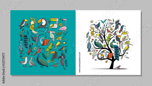 Tree with tropical birds. Concept art for your business. Cards, banner, web, promotional materials. Corporate identity template. Vector illustration