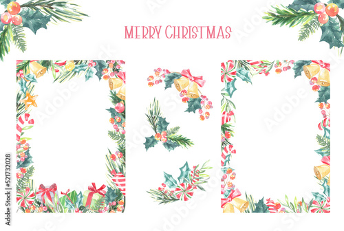 Merry Christmas greenery Frame, floral bouquet, snowflakes,wreath illustration with place for text. Happy New Year card design print,printable, postcard,flyer. Bells,presents, cute,candy, decor, diy