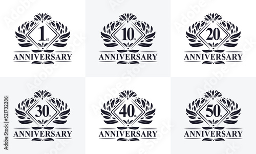 Vintage Retro Anniversary logo set. Luxurious golden anniversary logo bundle. 1st, 10th, 20th, 30th, 40th, 50th anniversary logo bundle.