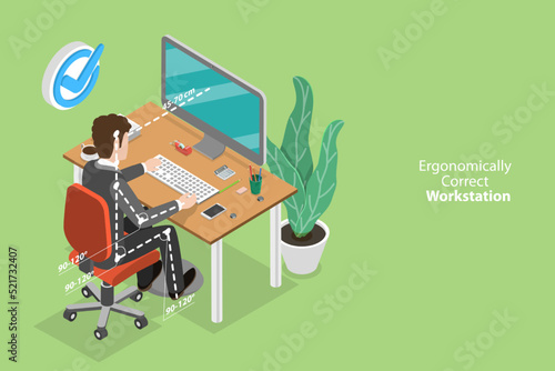 3D Isometric Flat Vector Conceptual Illustration of Ergonomically Correct Workstation, Right Spine Seat Position