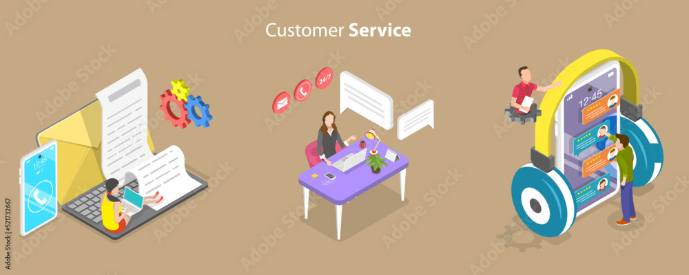3D Isometric Flat Vector Conceptual Illustration of Customer Service, Global Technical Hotline Support