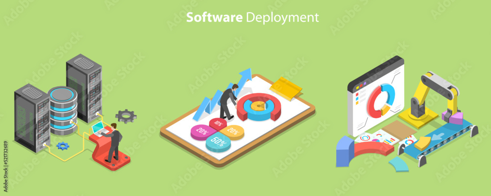 3D Isometric Flat Vector Conceptual Illustration of Software Deployment, Innovative Solutions Programming Tools