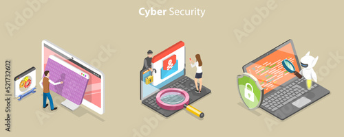 3D Isometric Flat Vector Conceptual Illustration of Cyber Security, Privacy Risks and Data Protection