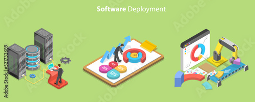 3D Isometric Flat Vector Conceptual Illustration of Software Deployment, Innovative Solutions Programming Tools