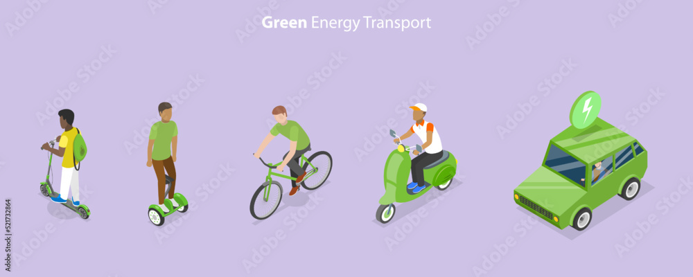 3D Isometric Flat Vector Conceptual Illustration of Green Energy Transport Set, Environmentally Friendly Transportation