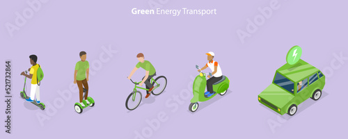 3D Isometric Flat Vector Conceptual Illustration of Green Energy Transport Set, Environmentally Friendly Transportation