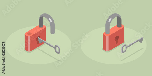 3D Isometric Flat Vector Icon of Lock With Key, Confidentiality and Security