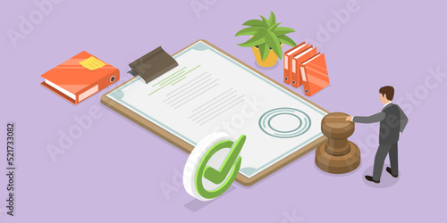 3D Isometric Flat Vector Conceptual Illustration of Document Approval, Approved Application