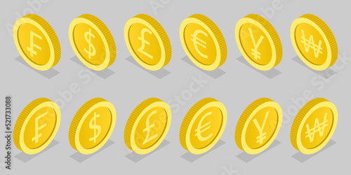 3D Isometric Flat Vector Conceptual Illustration of World Currency Coins, Elements of Design