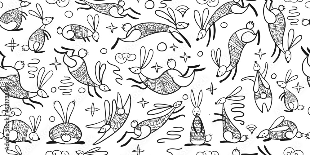 Symbol of chinese new year 2023 rabbit zodiac sign. Funny Bunnies seamless pattern, art background. Vector illustration Symbol of chinese new year 2023 rabbit zodiac sign. Funny Bunnies seamless pattern, art background. Vector illustration