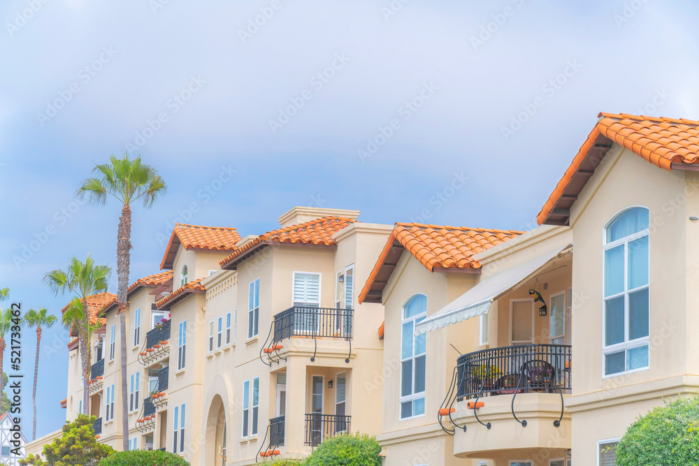 Complex apartment buildings with decorated balconies at Carlsbad, San Diego, California