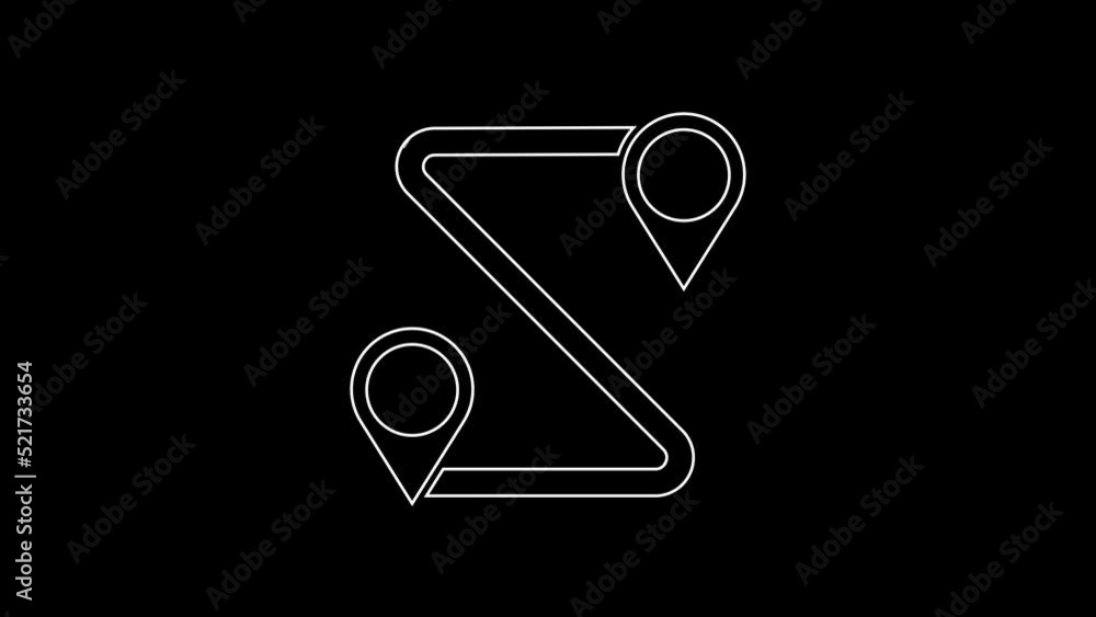 White line Route location icon isolated on black background. Map pointer sign. Concept of path or road. GPS navigator. 4K Video motion graphic animation White line Route location icon isolated on black background. Map pointer sign. Concept of path or road. GPS navigator. 4K Video motion graphic animation