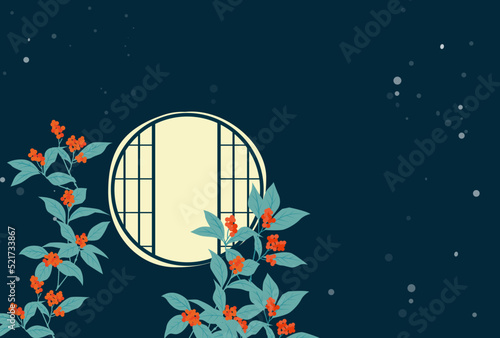 雪降る夜の丸窓灯りとセンリョウのイラスト