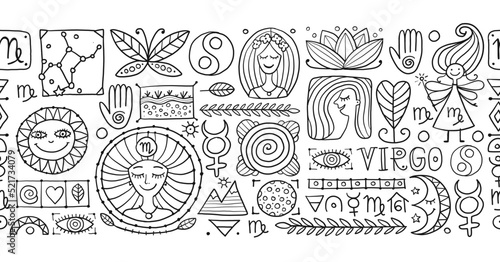 Virgo Zodiac Sign. Seamless pattern with design elements. Colouring page
