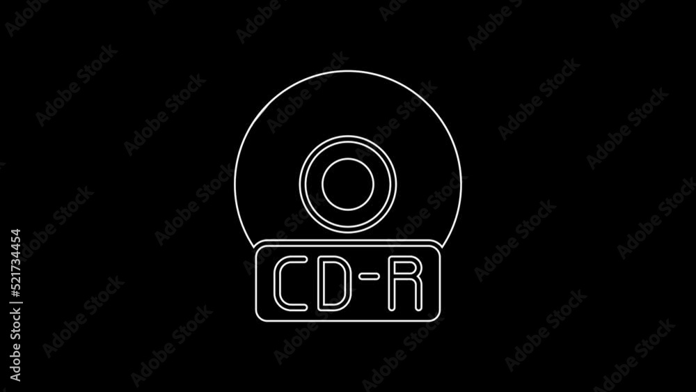 White line CD or DVD disk icon isolated on black background. Compact disc sign. 4K Video motion graphic animation