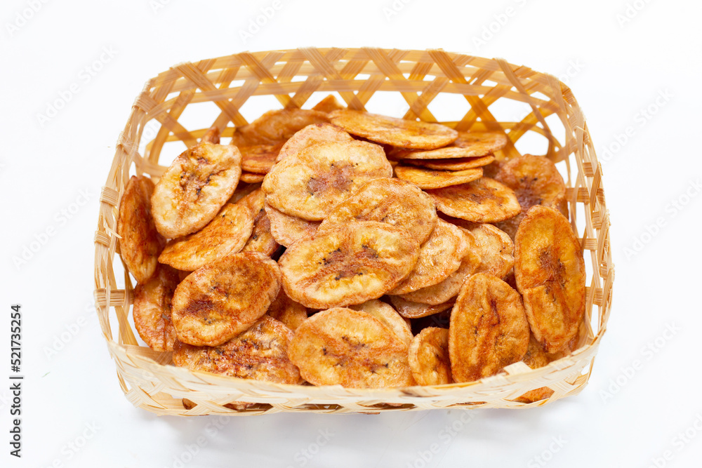 Banana chips on white background Banana chips on white background