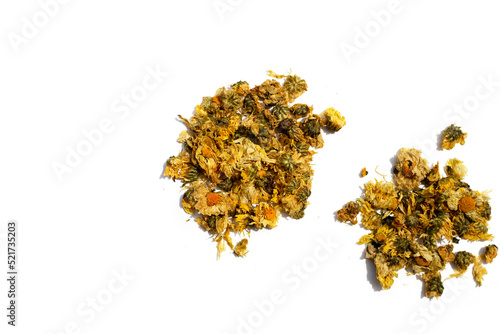 Dried chrysanthemum flower on white background.