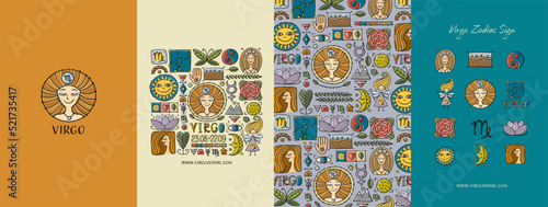 Virgo zodiac sign, Astrology concept art for your project. Horoscope design background. Creative template for cards, banner, social media, print promotional materials. Vector illustration