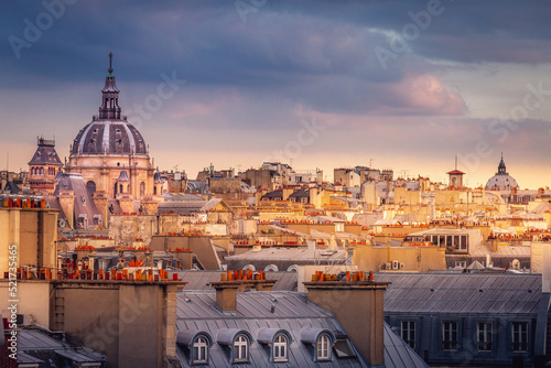 Quarter latin parisian roofs at golden sunrise Paris, France