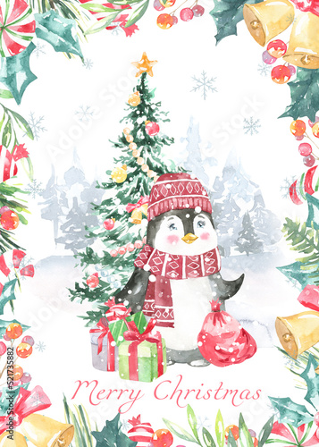 Watercolor winter forest,Christmas card illustration. Happy New Year characters, Pinguin,Christmas tree, snowflakes, floral frame,greenery, snowfall, presents,santa costume,Christmas Eve,greeting card