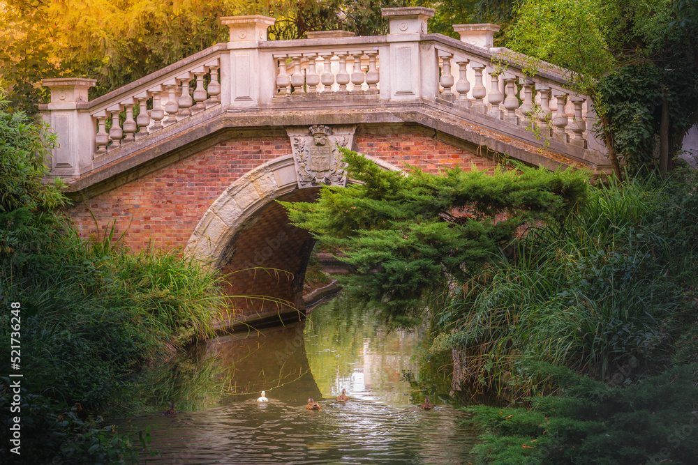 Bridge above pond with ducks in Parc Monceau, Paris, France