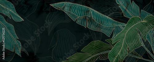 Abstract art background with tropical palm leaves in golden line style. Botanical hand drawn vector banner for wallpaper design, print, interior design, wall art.