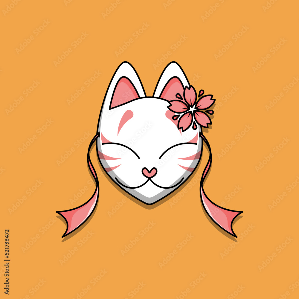 Cute japanese kitsune mask with sakura flower, Vector illustration eps