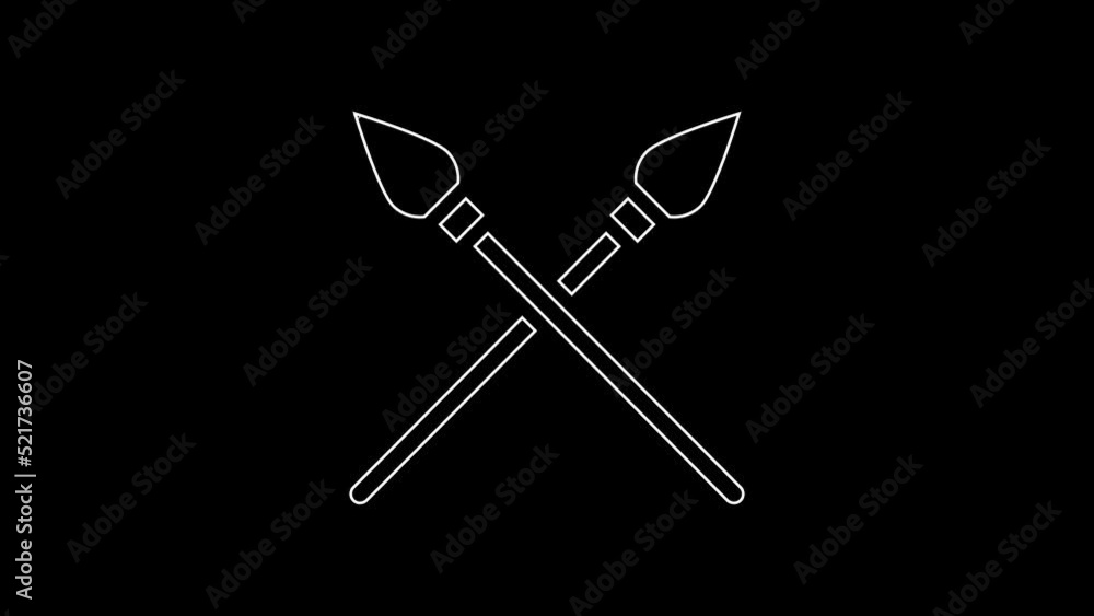 White line Crossed medieval spears icon isolated on black background. Medieval weapon. 4K Video motion graphic animation White line Crossed medieval spears icon isolated on black background. Medieval weapon. 4K Video motion graphic animation
