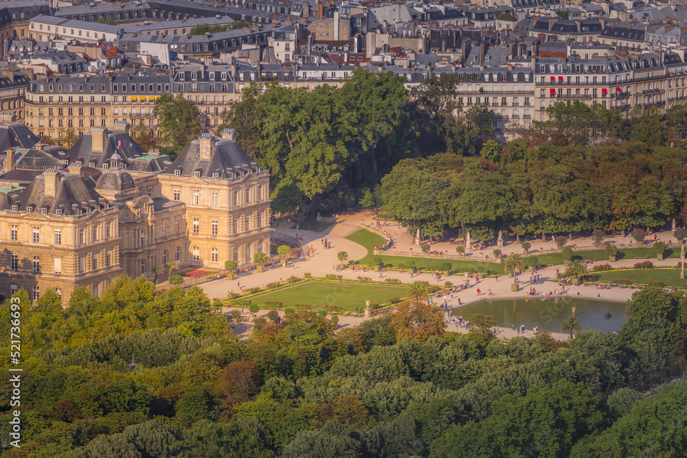 Luxembourg gardens and Quarter latin roofs at sunrise Paris, France