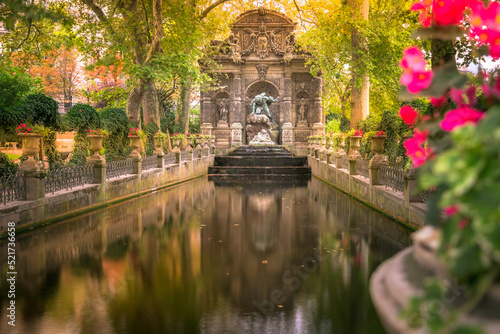 Peaceful Medici fountain pond in Luxembourg gardens  Paris  France