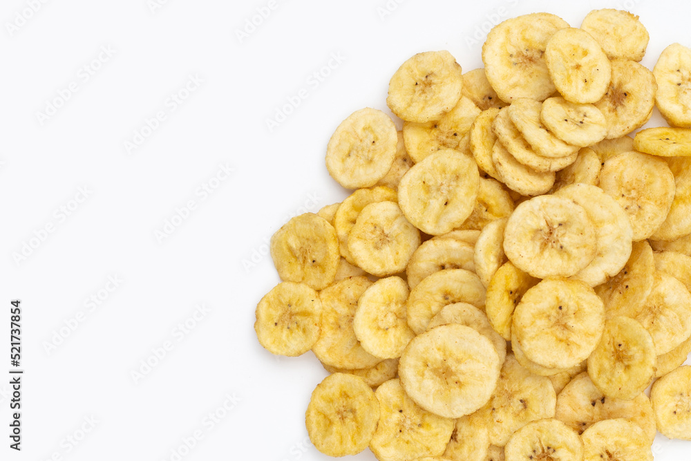 Banana slice chips on white background. Banana slice chips on white background.
