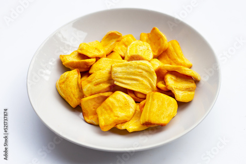 Jackfruit chips on white background.