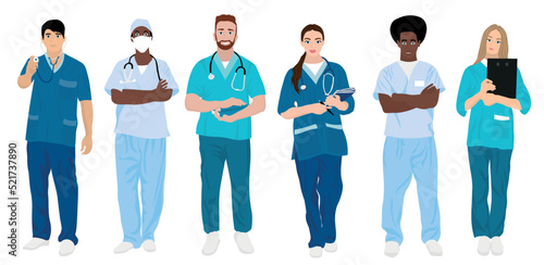 Set of different doctors on white background
