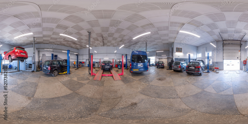 Full seamless panorama 360 degrees of car repair station, ready for VR AR virtual reality. Car