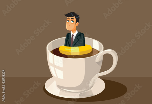 Tired Businessman Wearing a Lifebuoy Swimming in Coffee Vector Cartoon. Sleepy businessperson falling asleep in a giant coffee cup
