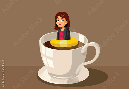 Exhausted Businesswoman Wearing a Lifebuoy Floating in Coffee Vector Cartoon. Sleepy businessperson falling asleep in a giant coffee cup
