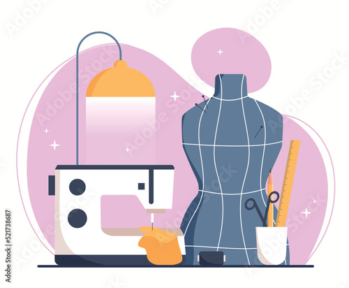 Fashion designer concept. Mannequin and tools for designing stylish and modern clothes. Atelier workplace. Fashion and trend, production of clothes on sewing machine. Cartoon flat vector illustration