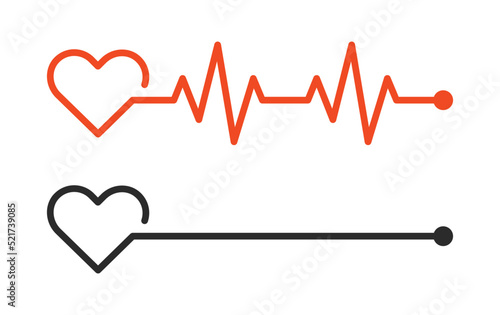 Heartbeat line life monitoring vector icon illustration. Alive with red heart pulse and dead with black flatline concept. photo