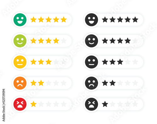 Customer satisfaction with smiley emotion and stars rating vector icon set illustration.