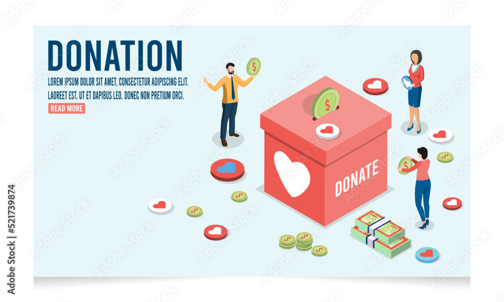 3D isometric Donation concept with People throw hearts into a box for donations, charity and financial support, box for donations . Vector illustration eps10