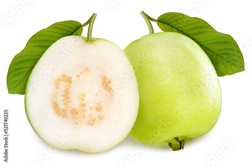 Guava fruit with leaf isolated on white background, Fresh green guava on White With clipping path.