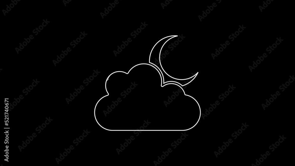 White line Cloud with moon icon isolated on black background. Cloudy night sign. Sleep dreams symbol. Night or bed time sign. 4K Video motion graphic animation White line Cloud with moon icon isolated on black background. Cloudy night sign. Sleep dreams symbol. Night or bed time sign. 4K Video motion graphic animation