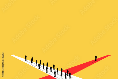 Businessman has to make decision which way to go for his success, Business team or partner go different way, Different or unique concept. 1